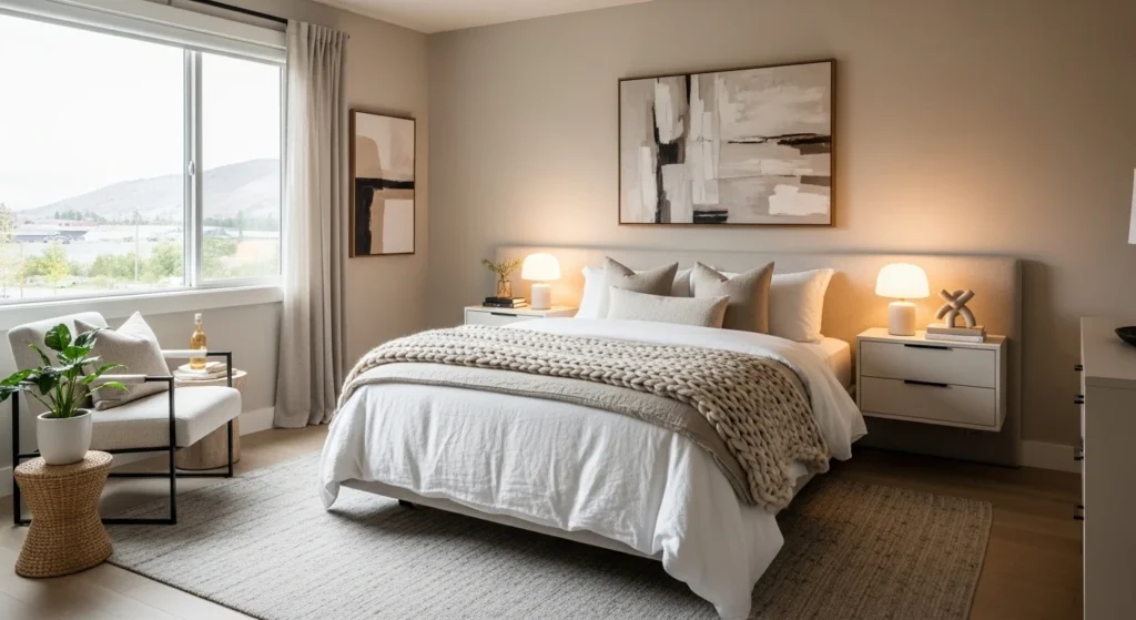 Neutral cozy guest bedroom with soft beige tones and layered bedding for a welcoming modern space