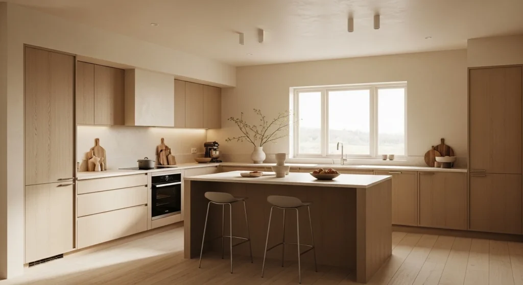 Warm minimalist kitchen with beige cabinets, natural wood textures, and clean modern layout for 2026 interiors.