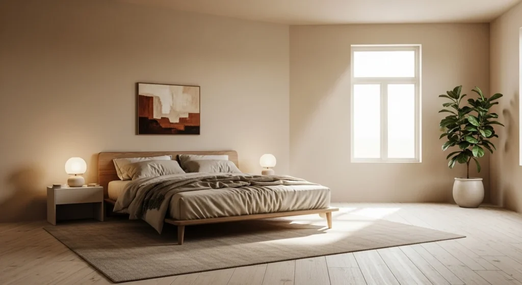 Warm neutral minimalist bedroom with beige walls, low bed, simple decor, and soft natural lighting