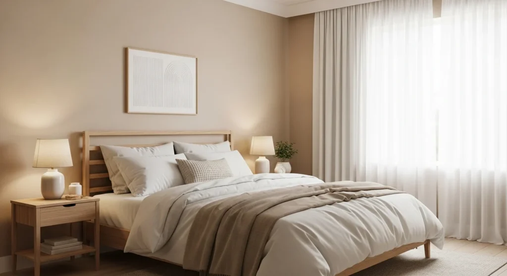 Cozy bedroom with warm neutral colors, beige bedding and soft ambient lighting creating a relaxing modern space