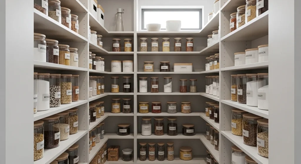 Tall vertical shelves used in a small pantry to maximize storage space in a modern kitchen