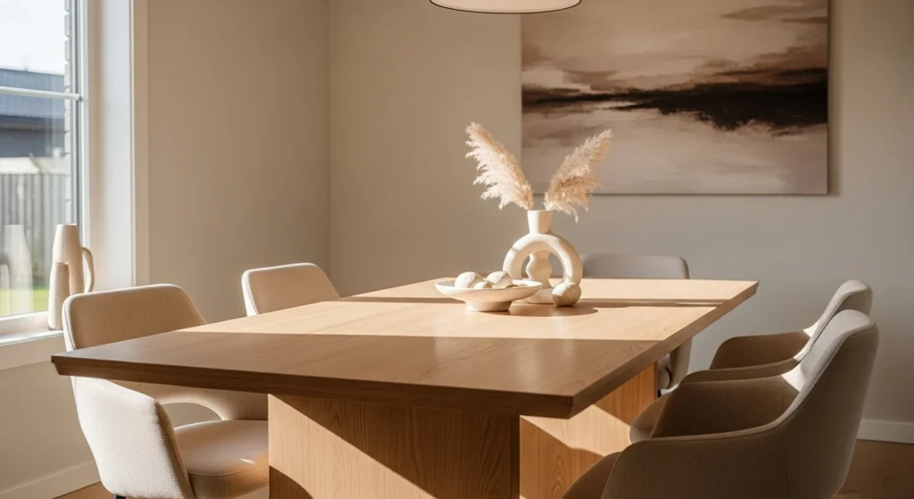 Warm minimalist dining room with neutral colors, wooden table, and clean modern styling