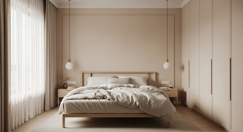 Soft neutral minimalist bedroom with beige tones and simple modern furniture creating a calm atmosphere