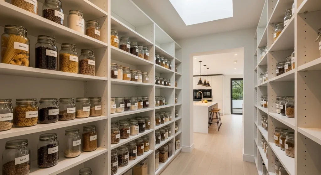 minimalist white walk-in pantry with clean shelves and organized storage for modern 2026 kitchens