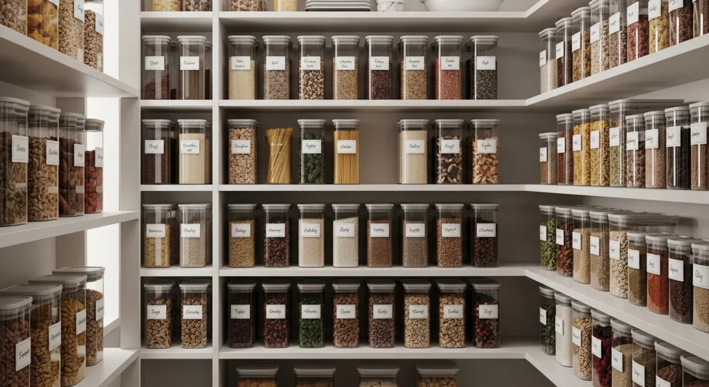 Pantry organized with clear airtight containers storing grains and dry foods in a modern kitchen.