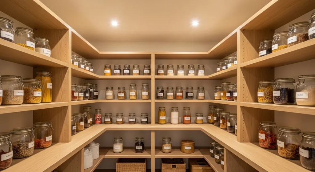 Modern walk-in kitchen pantry with open shelves and organized food storage for a clean contemporary kitchen