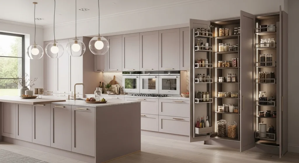 Modern kitchen with cabinet-style hidden pantry blending perfectly with surrounding minimalist cabinetry.