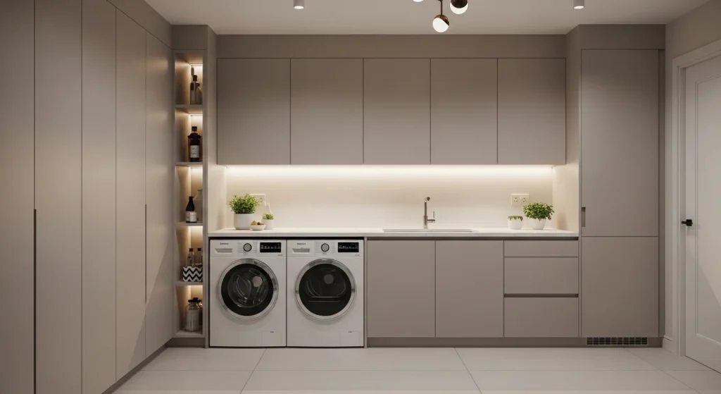 Laundry room featuring tall floor-to-ceiling pantry cabinets for maximum storage organization