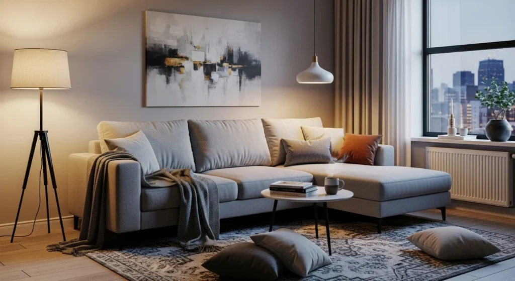 Gray apartment living room with soft lighting, modern sofa, and a cozy contemporary atmosphere