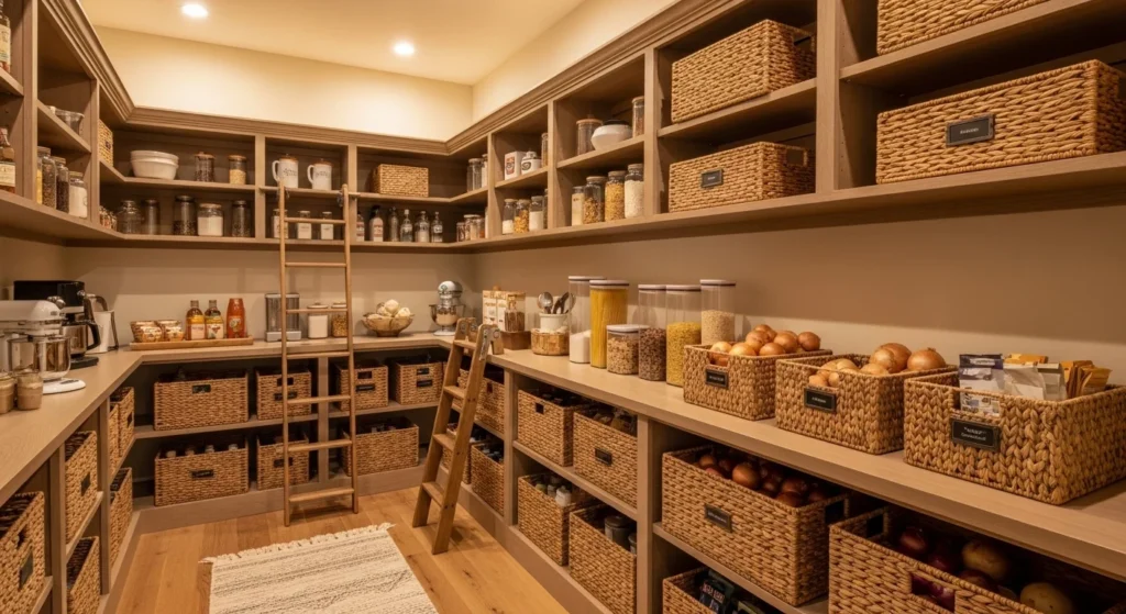 Walk-in pantry with a dedicated appliance storage zone keeping kitchen clutter hidden
