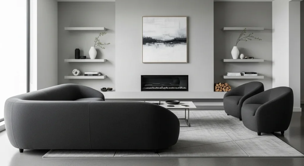 Gray living room with a bold statement sofa, minimal decor, and a modern balanced interior