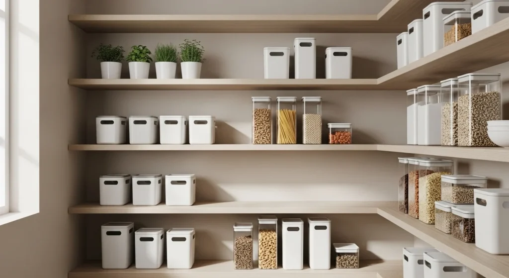 Minimalist pantry with clean shelves, neutral containers, and uncluttered storage