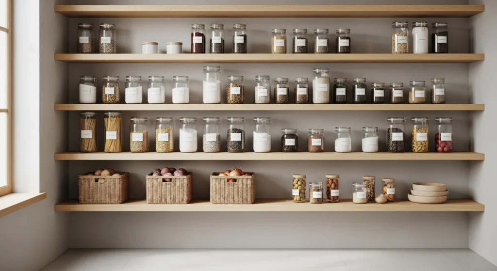 Minimalist kitchen food pantry with clean shelves, neutral containers, and uncluttered storage
