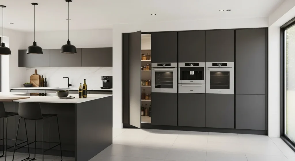 Pantry storage hidden within a kitchen appliance wall for a streamlined layout