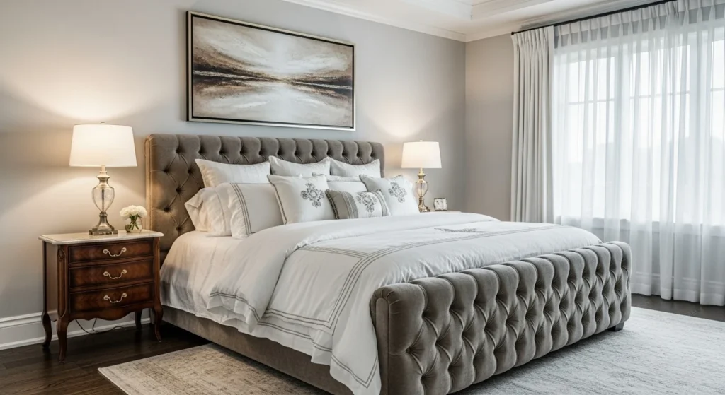 Plush upholstered luxury bed with layered bedding creating an elegant master bedroom