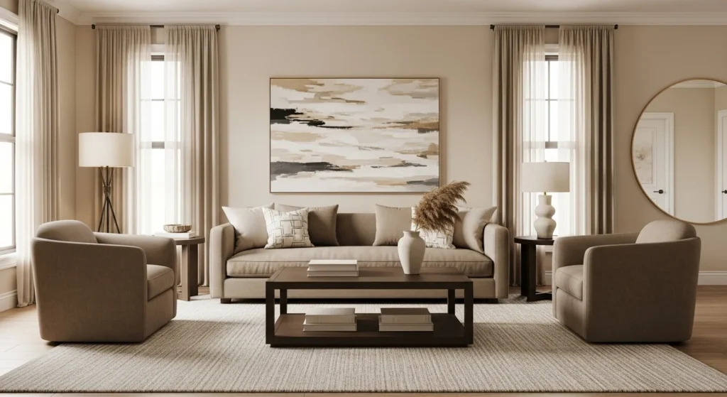 Parlor styled with layered neutral shades creating a calm and cohesive look