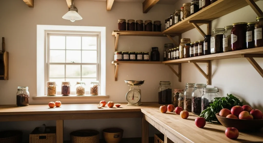 Farmhouse pantry with a small wooden counter for food prep and organization