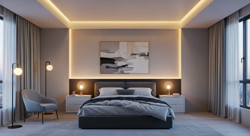 Grey bedroom enhanced with warm ambient lighting for a relaxing mood