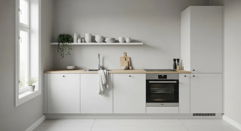 Minimalist small kitchen with clean lines, simple cabinets, and uncluttered surfaces