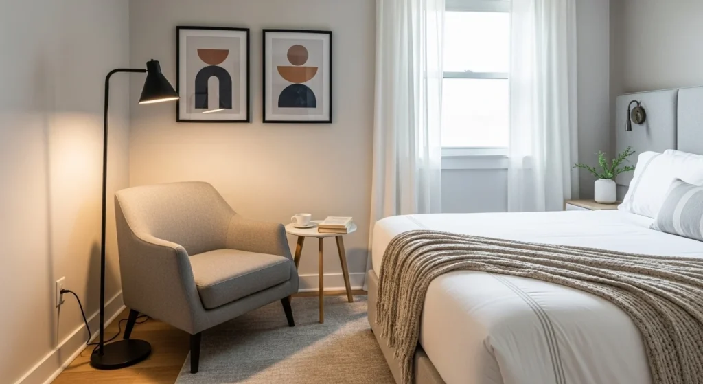 Guest bedroom featuring a cozy reading nook for added comfort and relaxation