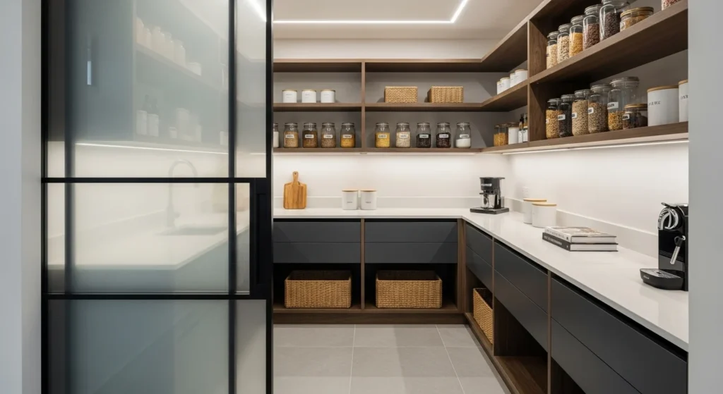 Narrow walk-in pantry with sliding door for space-saving and easy access