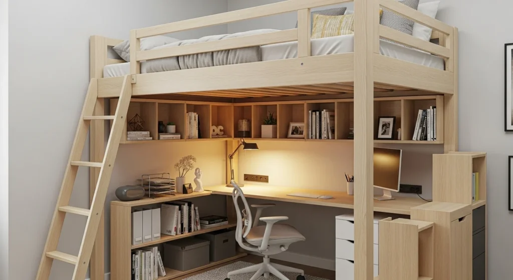 Loft bed featuring integrated bookshelves underneath, organized modern 2026 small bedroom