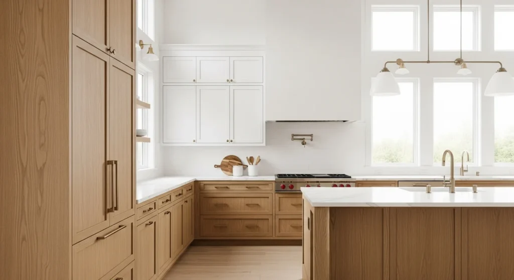 Kitchen with wooden lower cabinets and white upper cabinets, bright and warm 2026 interior