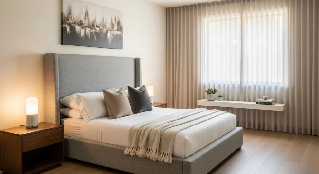 Bed with tall unique headboard, contrasting design, modern stylish 2026 bedroom