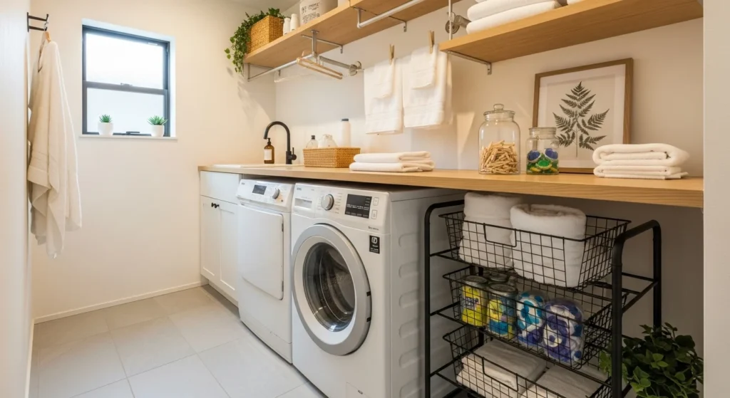 Compact laundry room with rolling storage cart for supplies, modern 2026 design