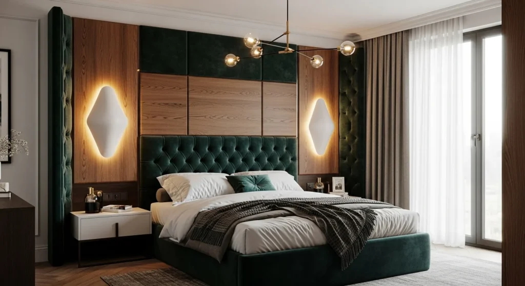 Modern bedroom layout featuring a bold statement headboard as the main focal point