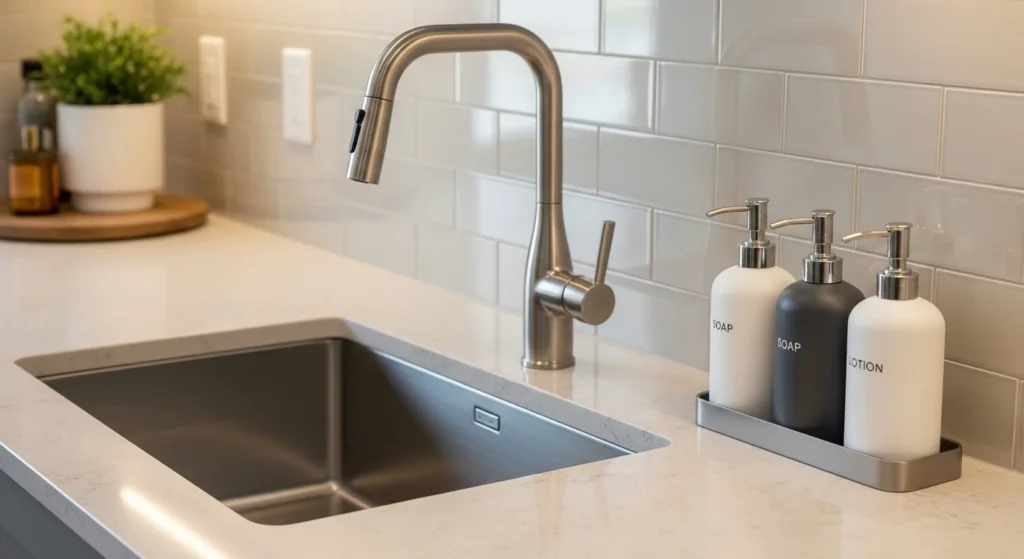 Kitchen sink counter with matching soap and lotion dispensers