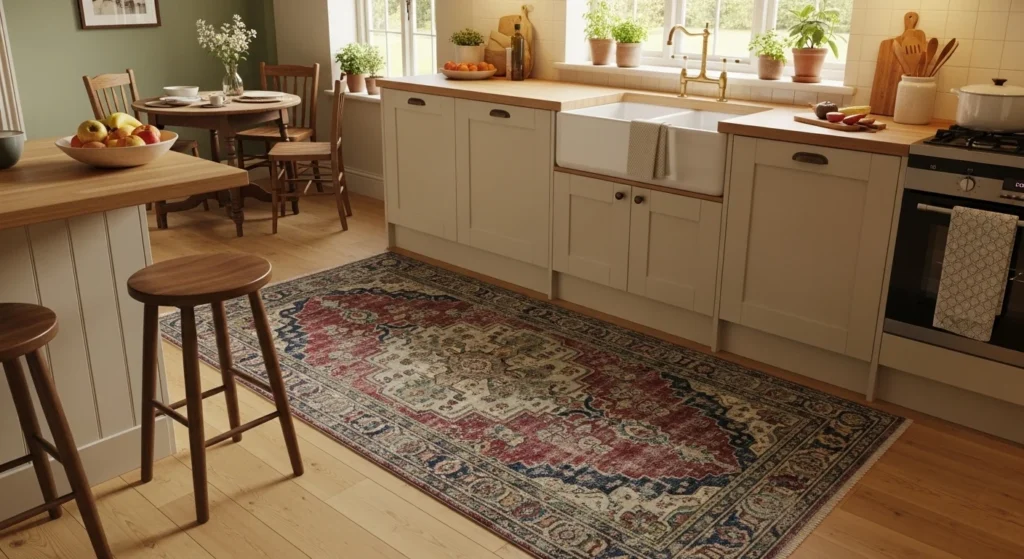 Patterned vintage rug enhancing kitchen decor
