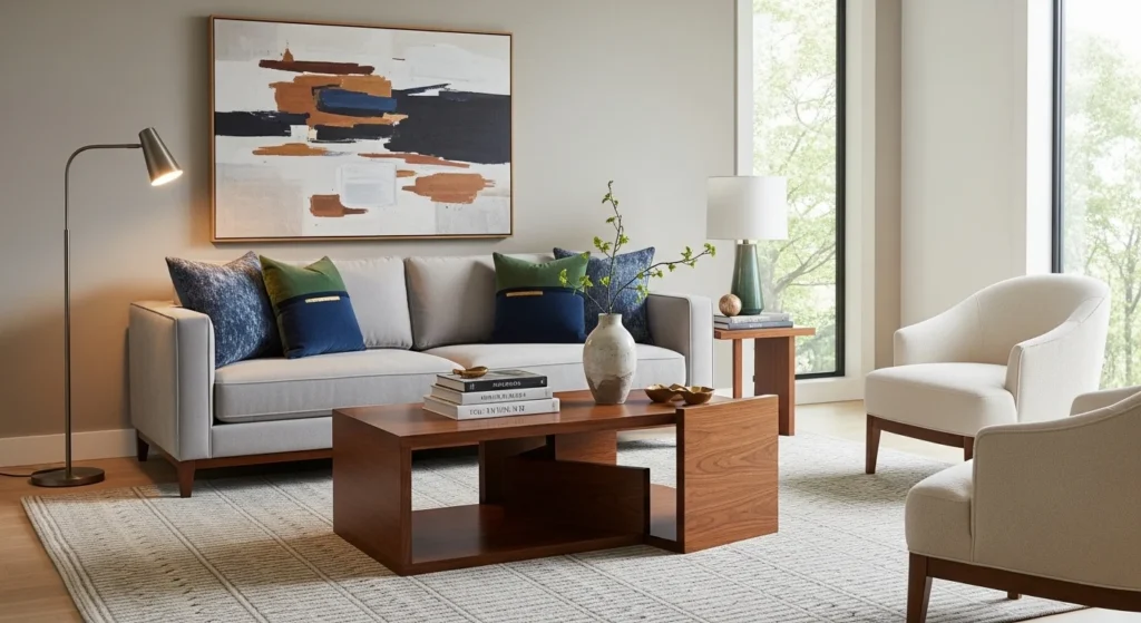 Living room with sculptural coffee table as focal point