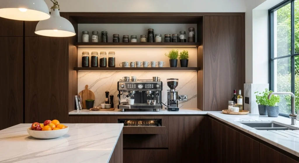 Luxury kitchen featuring built-in coffee station