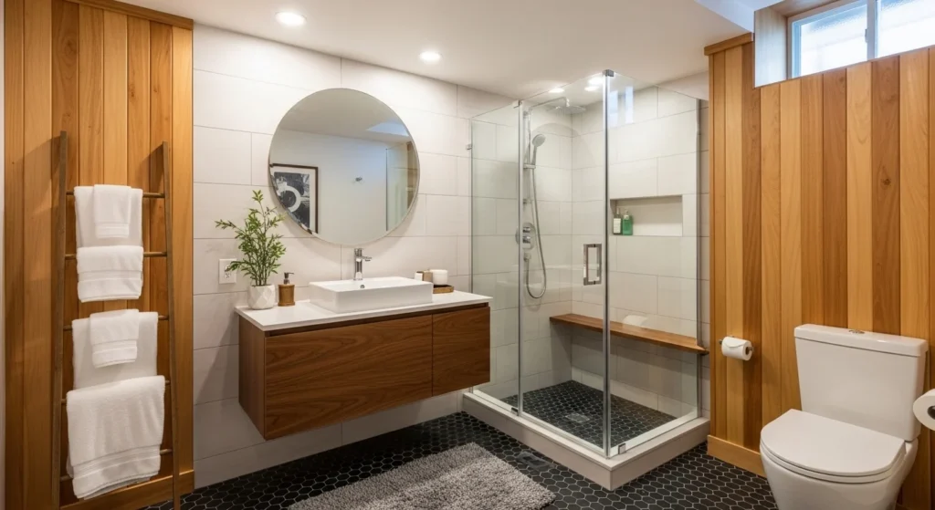 Basement bathroom featuring warm wood accents on vanities and shelving