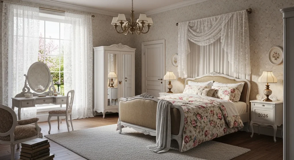Bedroom with pastel tones, floral patterns, and antique furniture pieces