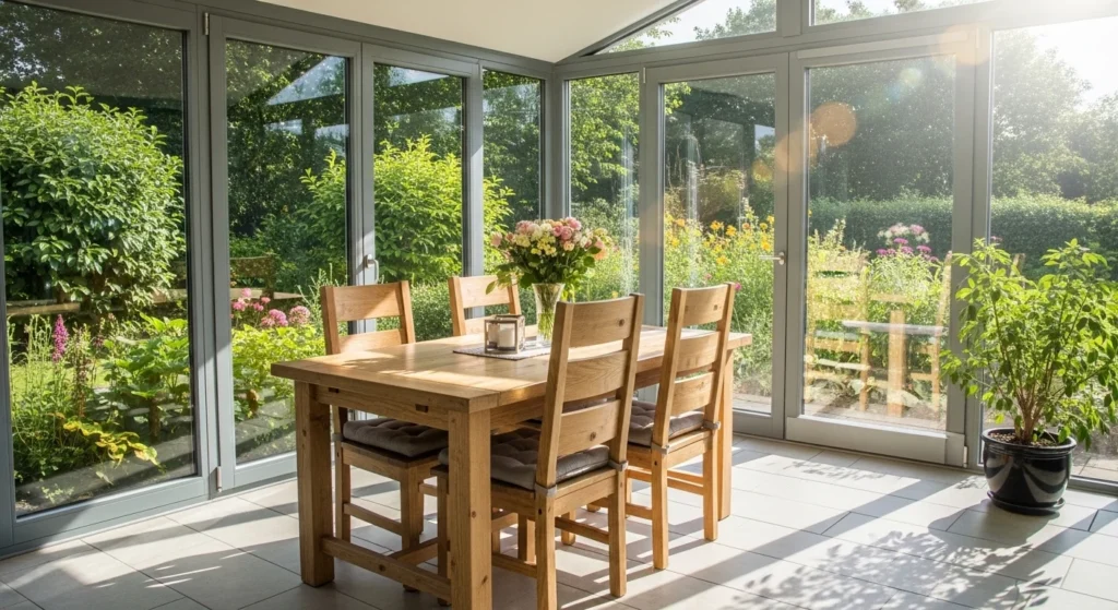 Sunroom dining area with table chairs and large windows