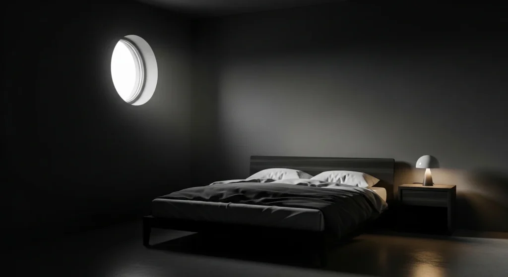 Minimalist moody bedroom with dark colors and clean lines