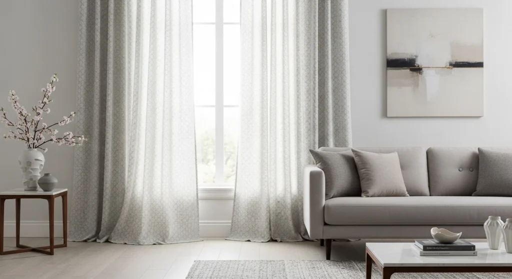 Living room with subtly patterned curtains in modern interior