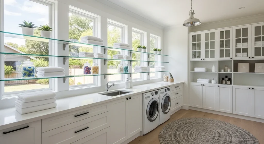 Bright laundry room featuring glass shelves for airy storage design