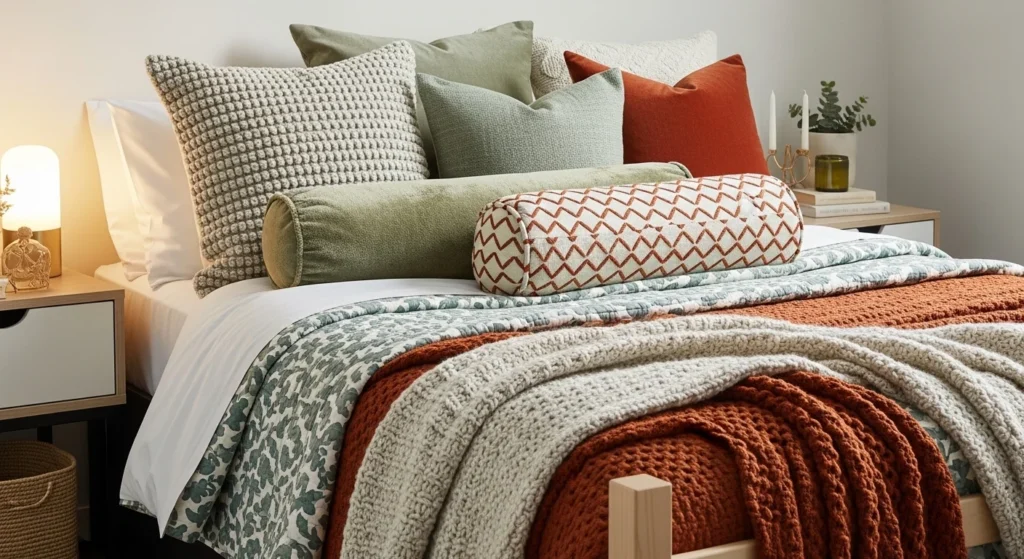 Dorm bed with layered bedding and soft cushions