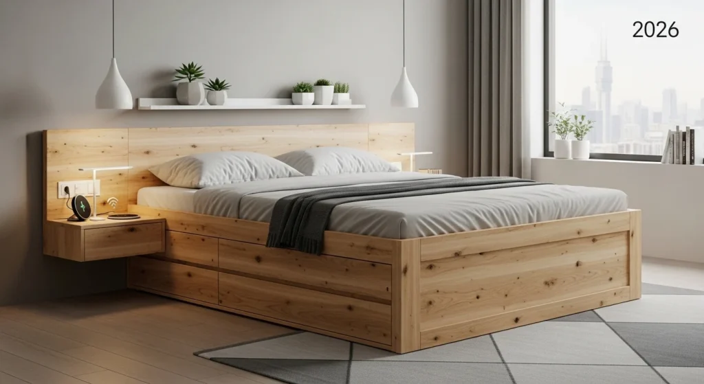 Wooden bed with under-bed drawers for practical bedroom storage