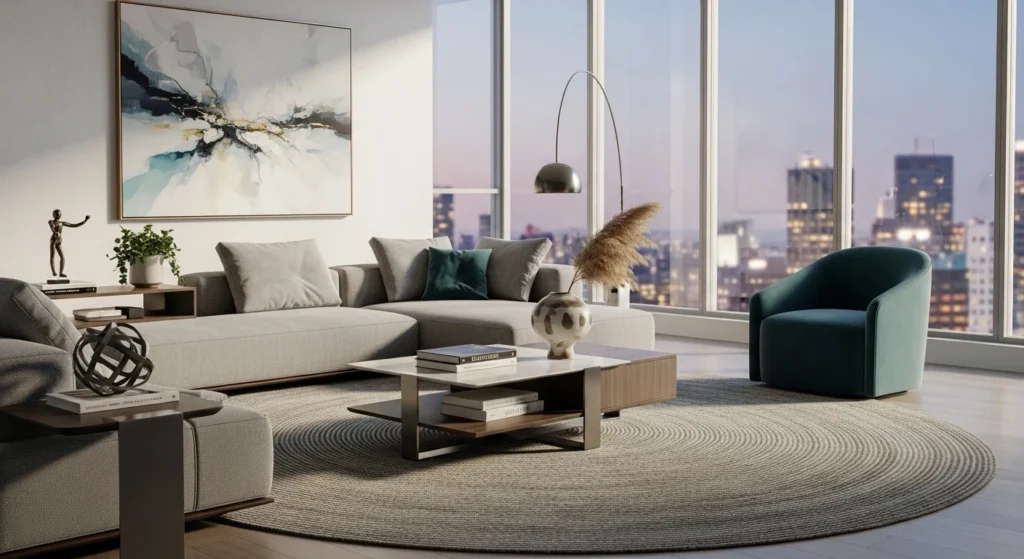 Circular rug under coffee table in contemporary living room