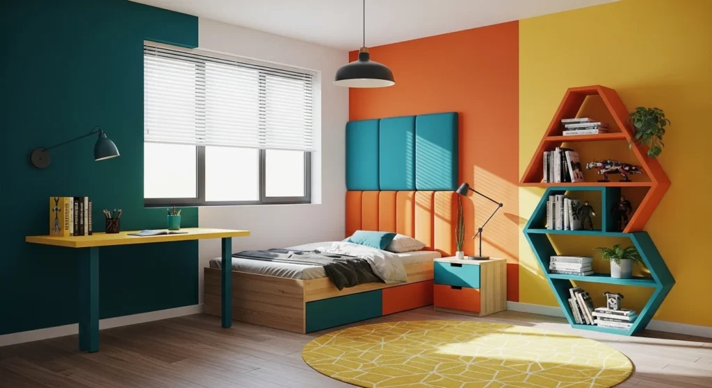 Boys bedroom with bold color-blocked walls, furniture, and vibrant accents