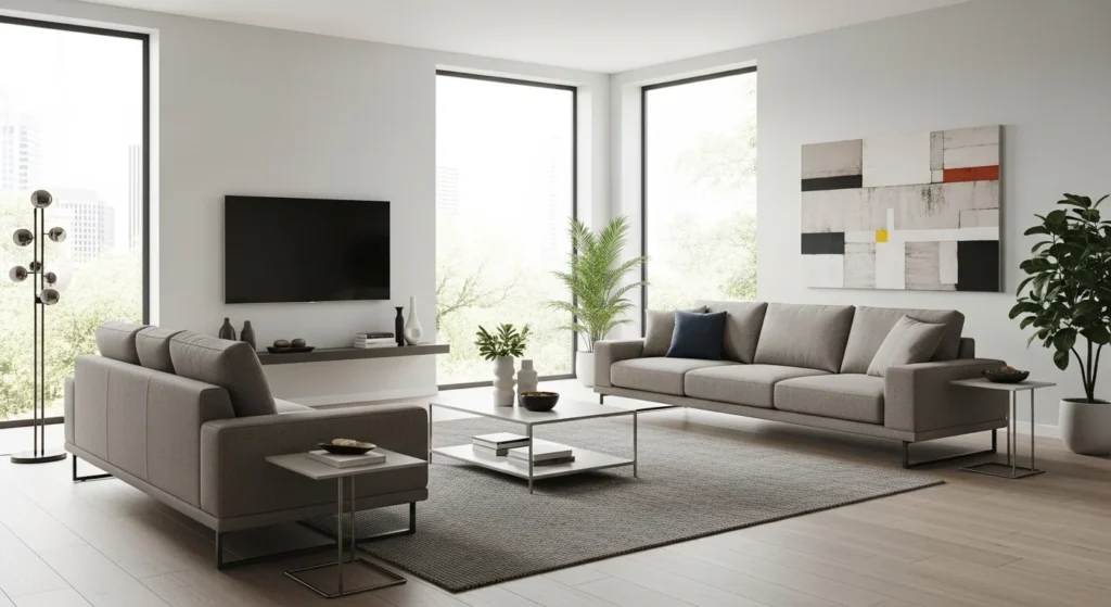 Spacious open-plan living room featuring L-shaped sofa