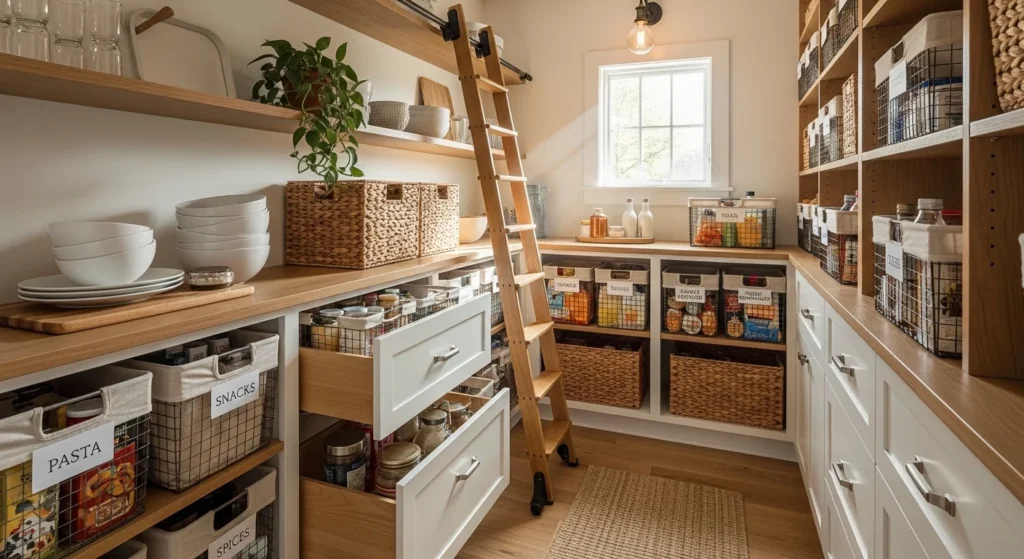 Kitchen pantry using baskets for organized storage
