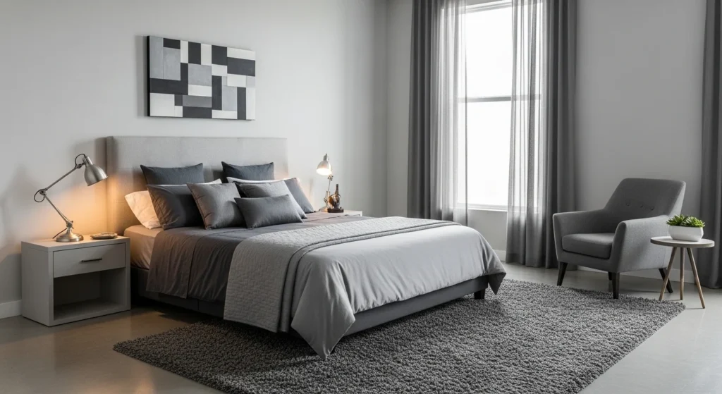 Monochrome gray bedroom styled with multiple gray shades