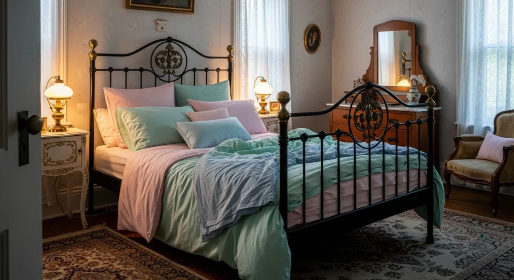 tle: Iron Bed Vintage Bedroom
Alt Text: Vintage bedroom with black wrought iron bed frame and soft bedding