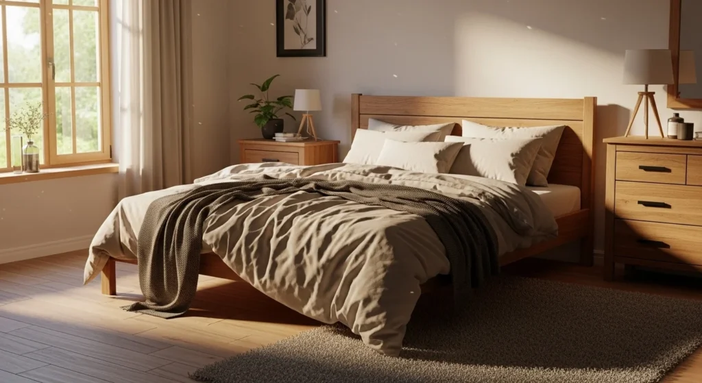 Cozy bedroom styled with natural wood furniture, beige bedding, and warm daylight