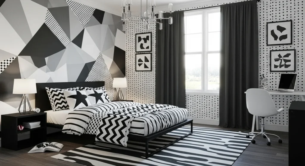 Teen bedroom designed in bold black and white theme